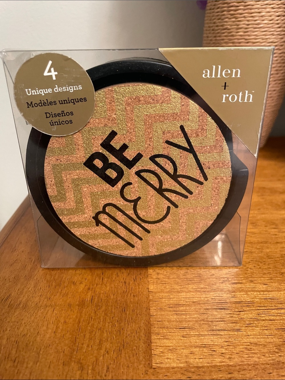 New ALLEN + ROTH Set of 4 Coasters with Black Holder Holiday Christmas Cork
